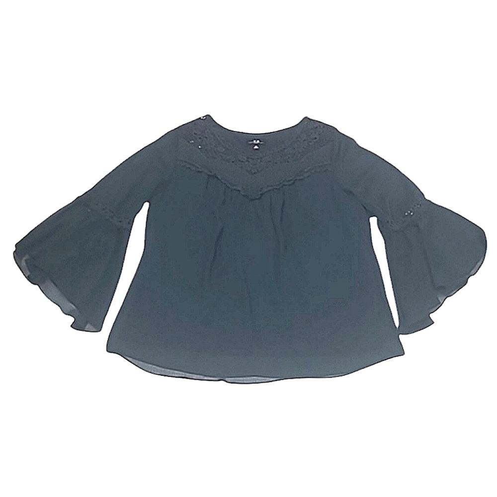 AGB Women Lace Boatneck Blouse Sheer Dressy Top Flowy Bell Trumpet Sleeve Frilly